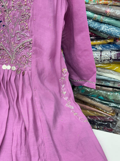 Handcrafted Mul Chanderi A-Line Kurta Set with Front Pleats, Pocket Handwork & Dupatta