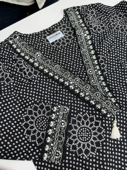 Vibrant Pure Cotton Bandhani Print Kurta Set with Leheriya Dupatta | Sawan Special V-Neck Suit with Lace Work | Comfortable Summer Wear RR1527