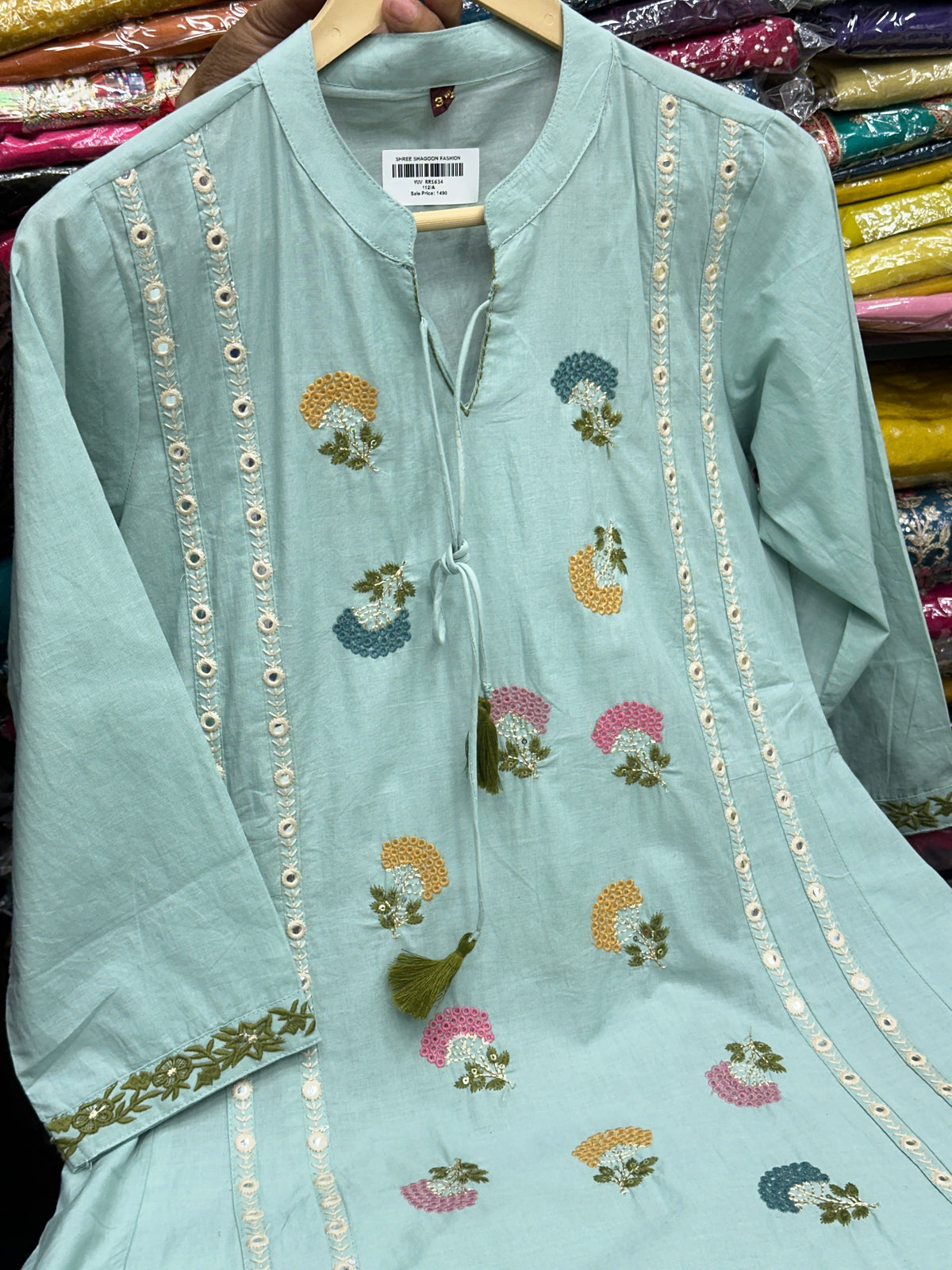 Women's Pure Cotton A-Line 3-Piece Kurta Set with Flower thread work