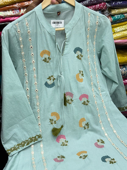 Women's Pure Cotton A-Line 3-Piece Kurta Set with Flower thread work