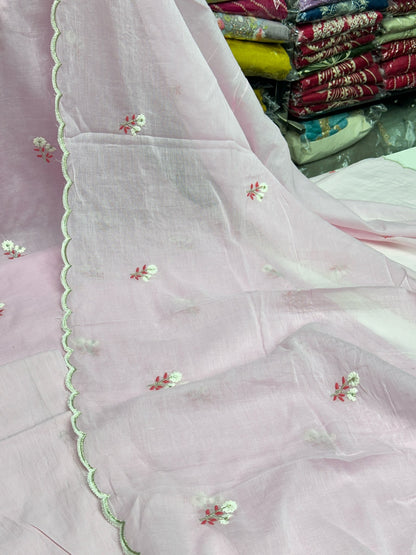 Pure Mul Cotton Embroidered Kurta Set with Lace Work Dupatta & Pants in Pastel Colours