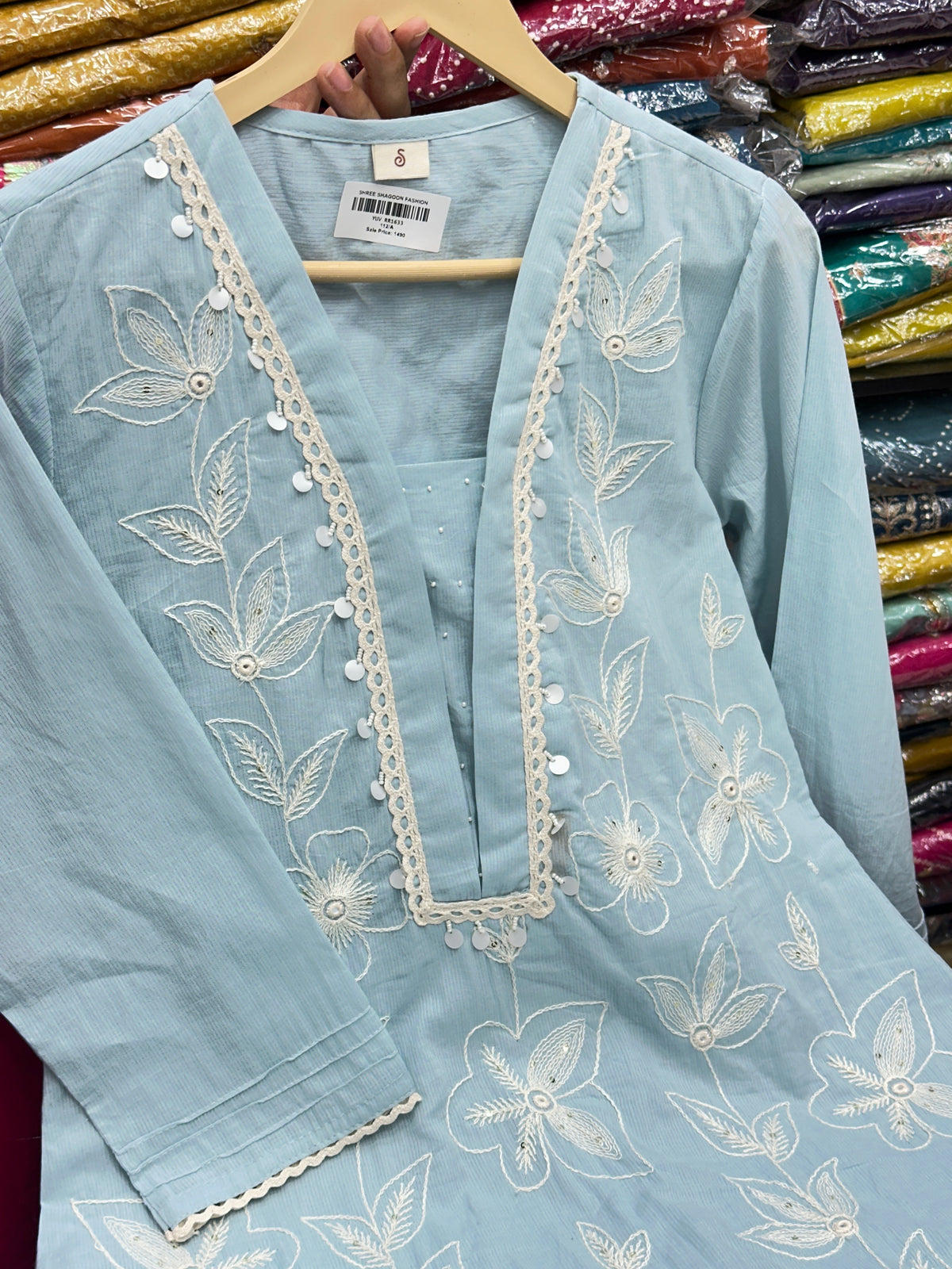 Pastel Pure Mulmul Cotton 3-Piece Kurta Set with Inner Lining & Thread Work