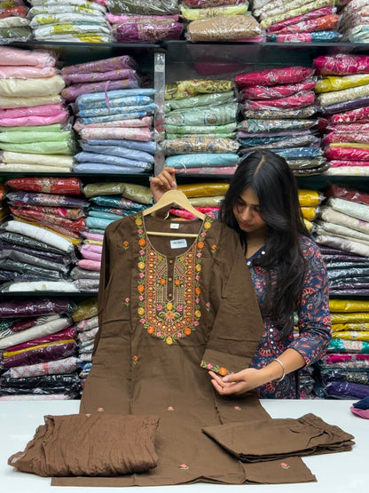 3 piece pure cotton kurta set with colorful hand work detailing all over neck and sleeves