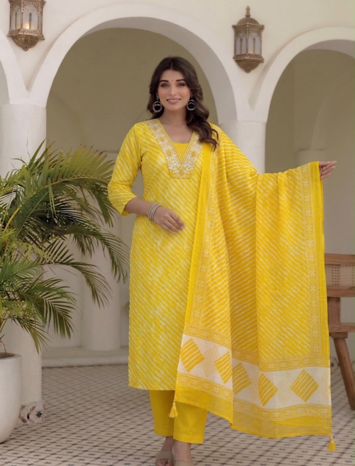 Leheriya Ptint Kurti Pant With Duptta Pure Cotton  Thread Work On Neck (Orange,Rani And Yellow )