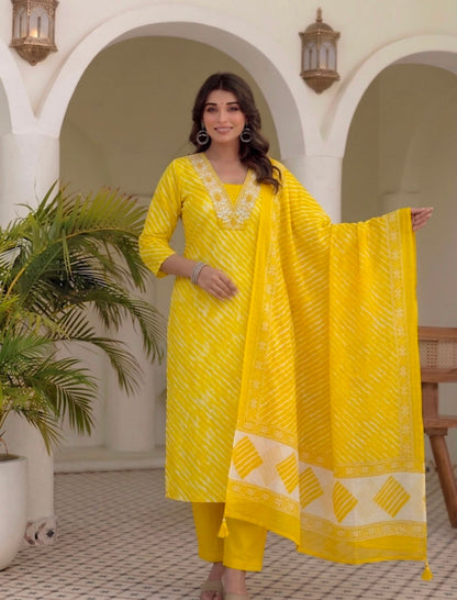 Leheriya Ptint Kurti Pant With Duptta Pure Cotton  Thread Work On Neck (Orange,Rani And Yellow )