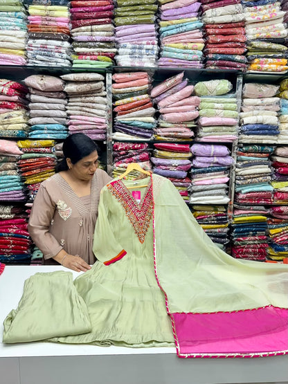 Peach And Pista Green Semi Parti Wear Mul chabdari Anarkali Dress Gotapatti And Hand Work Detailing On Neck With Duptta RR1673
