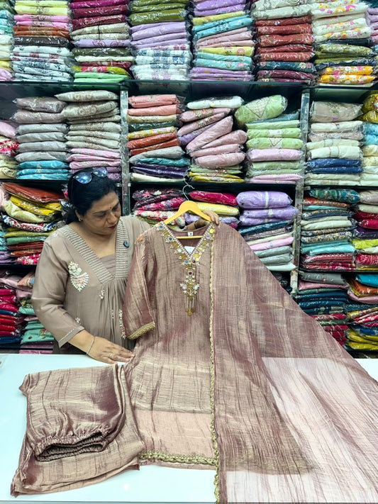 Rose gold and Chiku Short Kurti with Garara (divider) Hand Work on Neck And Garara With Duptta