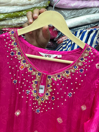 Rani Pink Pure Crepe Handwork Party Wear Kurta Set with Tassels