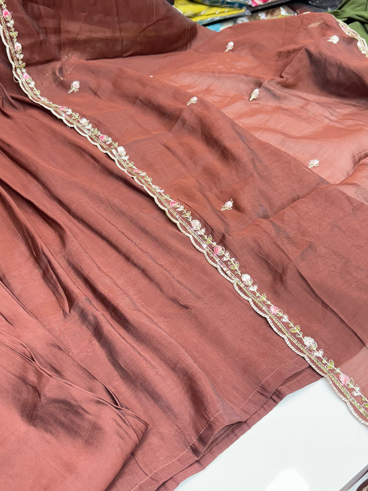 Mul Chanderi 3-Piece Kurta Set in Brown, Mehendi & Green with Thread Work