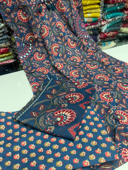 3 piece pure cotton kurta set with pocket , hand work detailing all over pocket and designer neck with floral block print