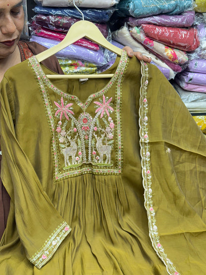 Mul Chanderi 3-Piece Kurta Set in Brown, Mehendi & Green with Thread Work