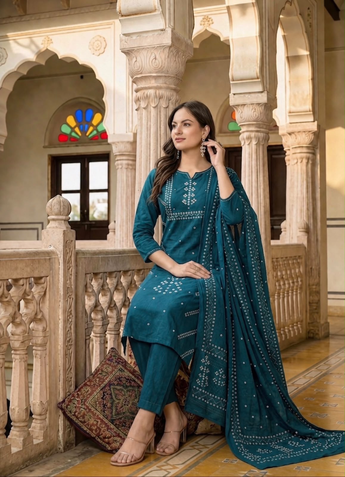 Bandhani Print semi Formal Kurti Pant With Duptta Merror Work Detailing On Neck