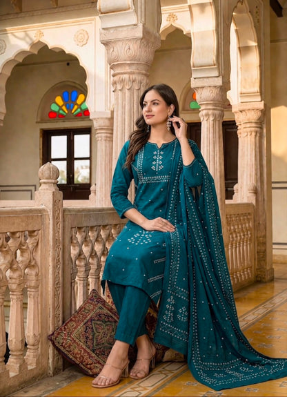 Bandhani Print semi Formal Kurti Pant With Duptta Merror Work Detailing On Neck