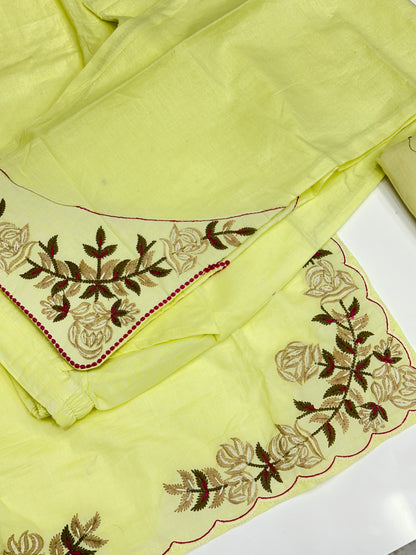 Soft Cotton Semiformal Straight Suit with Heavy Embroidery work on sleeves & Border and bottom