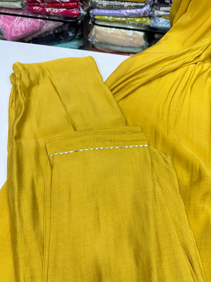Handcrafted Mul Chanderi Mustard A-Line 3-Piece Suit Set with Handwork | Festive & Party Wear