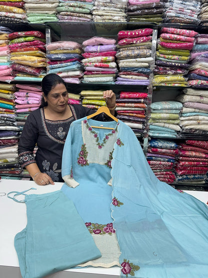Pure Crush Cotton 3-Piece Suit Set with Handcrafted Neck Detailing – Kurta, Pants & Dupatta