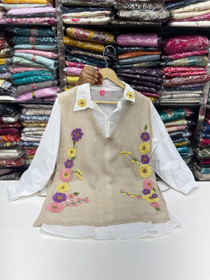 Handcrafted 3-Piece Jute Cord Set |Jute Vest with Floral Embroidery & Matching Bottoms | Eco-Friendly Boho Outfit