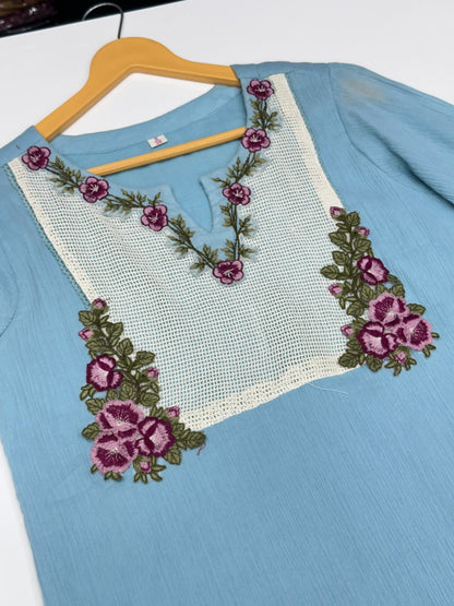 Pure Crush Cotton 3-Piece Suit Set with Handcrafted Neck Detailing – Kurta, Pants & Dupatta