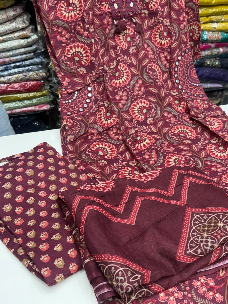 3 piece pure cotton kurta set with pocket , hand work detailing all over pocket and designer neck with floral block print