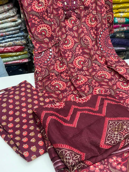 3 piece pure cotton kurta set with pocket , hand work detailing all over pocket and designer neck with floral block print