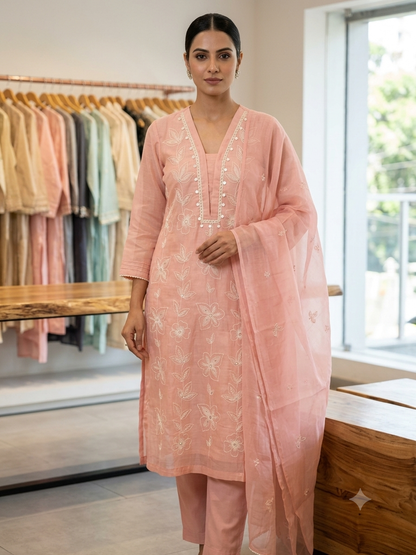 Pastel Pure Mulmul Cotton 3-Piece Kurta Set with Inner Lining & Thread Work