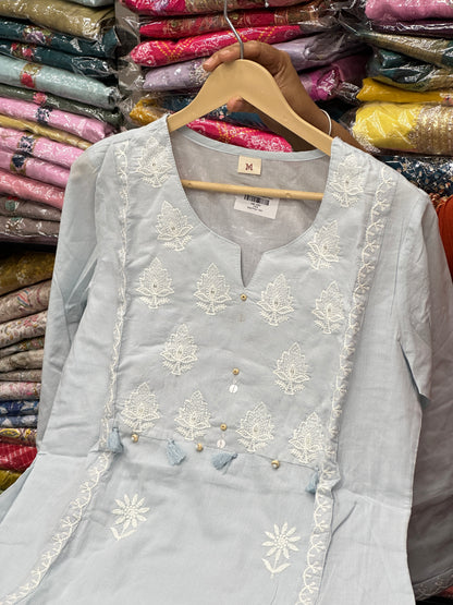 Pure Cotton Hand Embroidered Kurta Set for Women | 3-Piece  Suit with Tassels | Comfortable Simple Office Wear RR1503