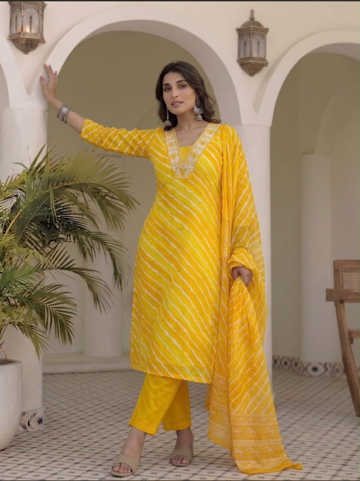 Pure Cotton Leheriya 3-Piece Ethnic Suit Set with Thread Work