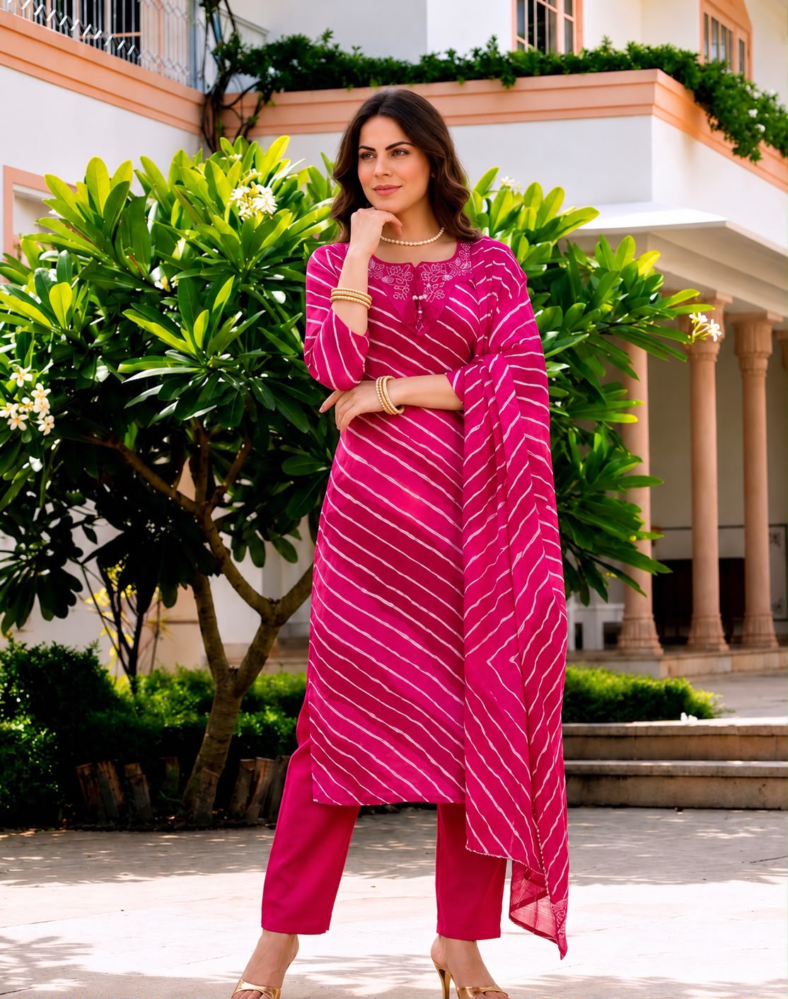 Pure Cotton Leheriya 3-Piece Ethnic Suit Set with Thread Work