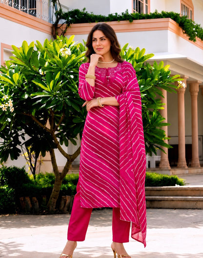 Pure Cotton Leheriya 3-Piece Ethnic Suit Set with Thread Work