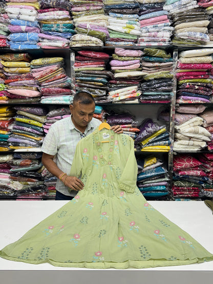 Pastel Pure Mul Cotton Embroidered 3-Piece Kurta Set with Floral Thread Work & Lace Detailing