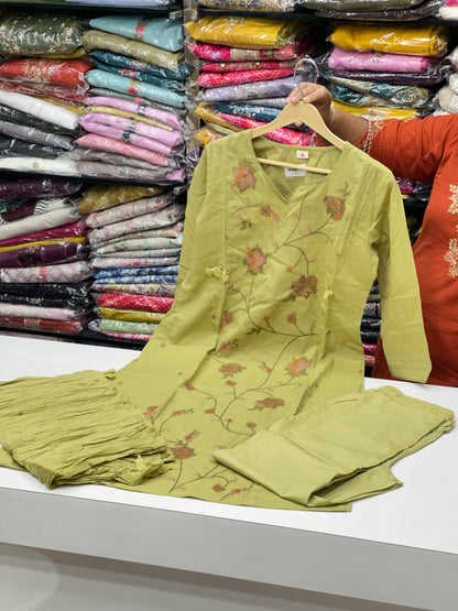 3 piece pure cotton Straight Suit kurta set with colorfull Embroidered  detailing all over the kurta RR1505