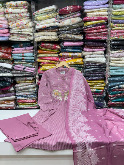 Pure Cotton Hand Embroidered Kurta Set for Women | 3-Piece  Suit in pastel Colors | Comfortable Simple Office Wear