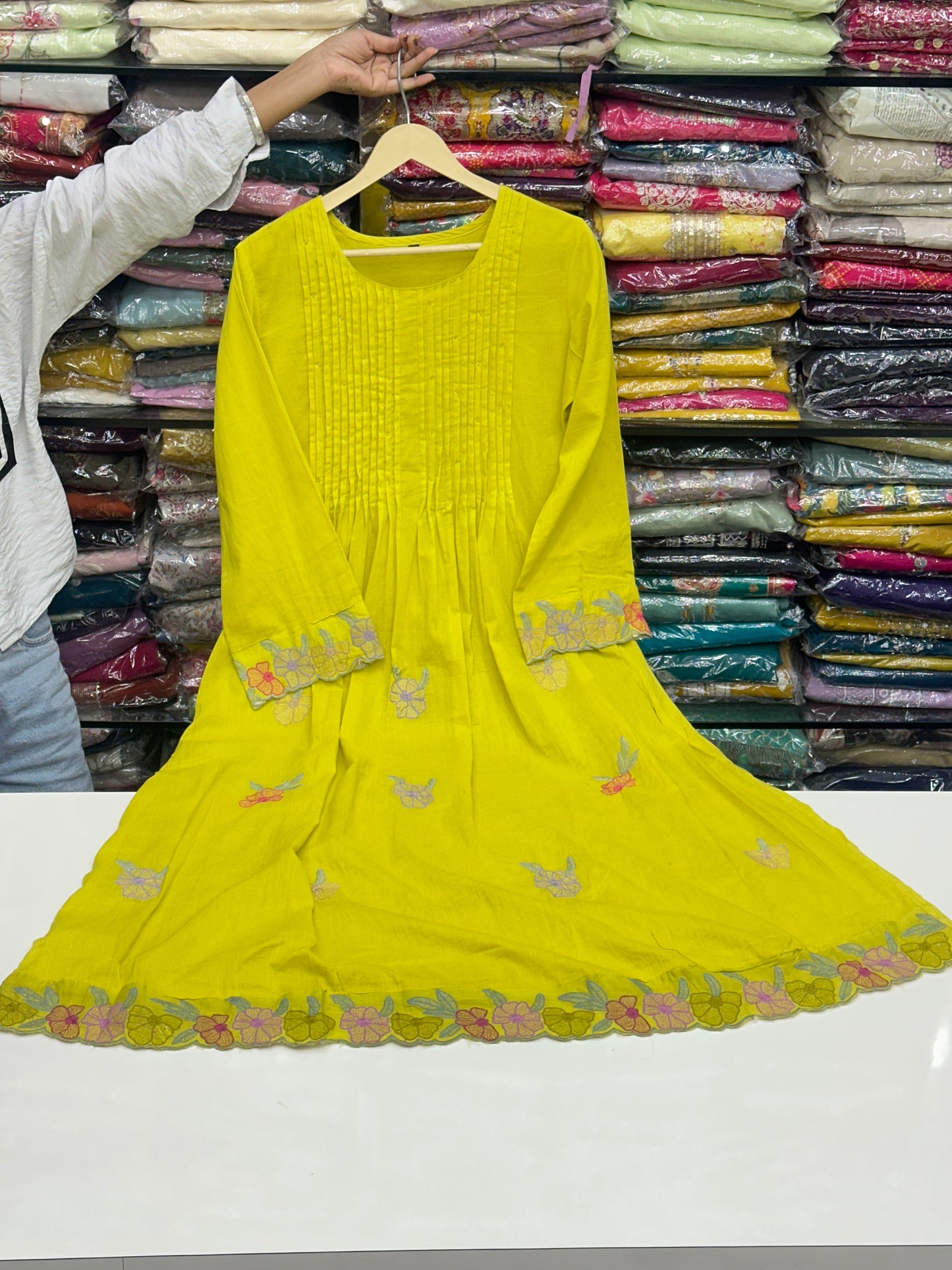 Soft Cotton Semiformal A line Suit with Heavy Embroidery work on sleeves and Border