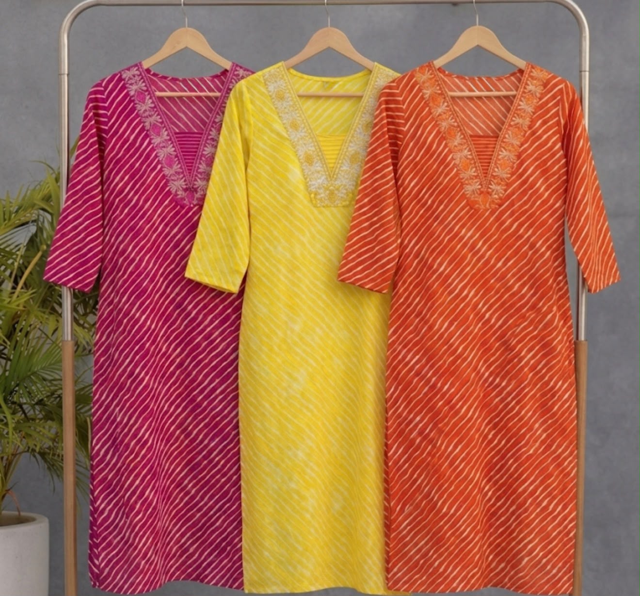 Leheriya Ptint Kurti Pant With Duptta Pure Cotton  Thread Work On Neck (Orange,Rani And Yellow )