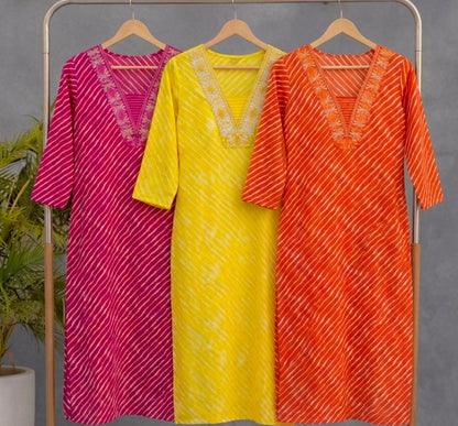 Leheriya Ptint Kurti Pant With Duptta Pure Cotton  Thread Work On Neck (Orange,Rani And Yellow )