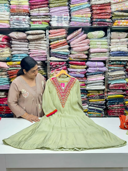 Peach And Pista Green Semi Parti Wear Mul chabdari Anarkali Dress Gotapatti And Hand Work Detailing On Neck With Duptta RR1673
