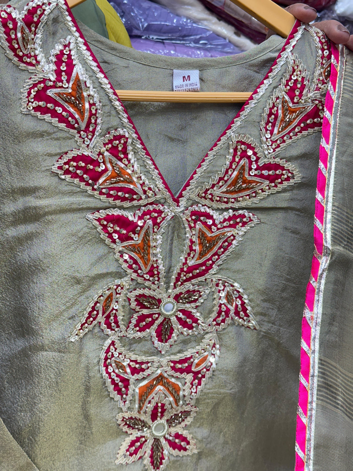 Rose Gold & Green Gold Tissue Kurta Set with Pure Cotton Lining & Handwork