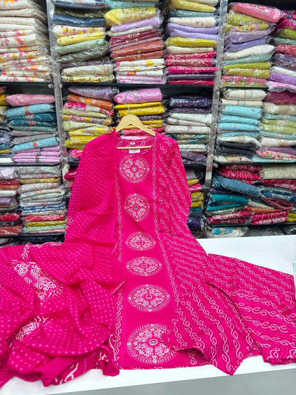 Pure Cotton Bandhani Print 3-Piece Kurta Set with Loose Pants & Dupatta | Sawan Special Affordable Summer Suit for Women