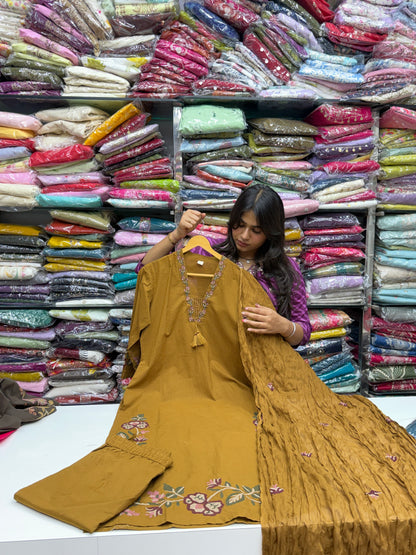 Pure cotton 3 piece kurta set with cross thread detailing