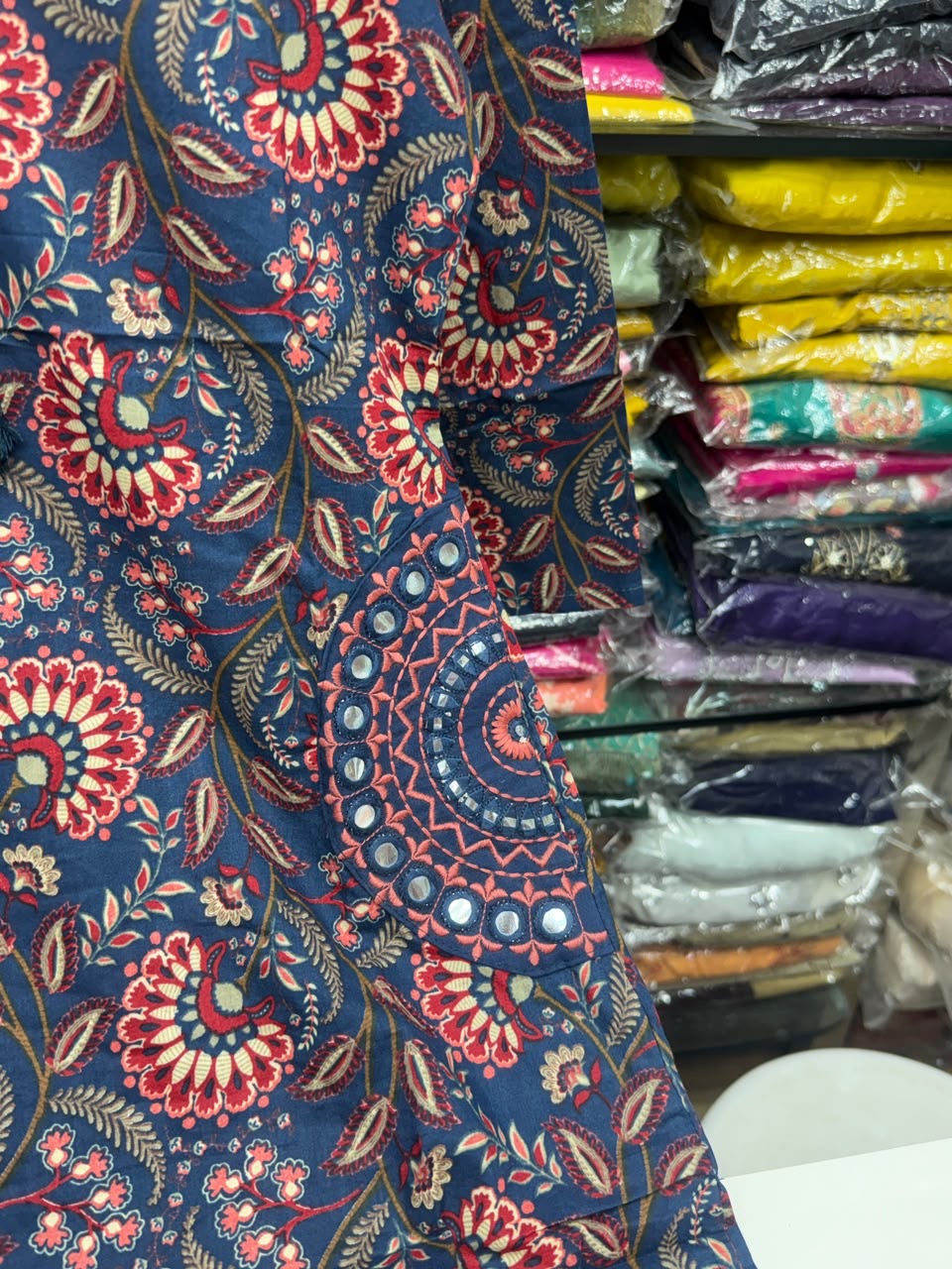 3 piece pure cotton kurta set with pocket , hand work detailing all over pocket and designer neck with floral block print