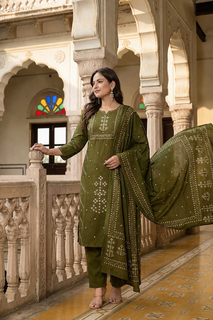 Bandhani Print semi Formal Kurti Pant With Duptta Merror Work Detailing On Neck