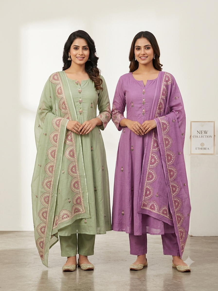 Women's Pure Mulmul Cotton Embroidered A-Line Kurta Set with Lining | Breathable Summer 3-Piece Kurta Pant & Dupatta Suit