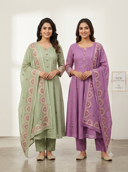 Women's Pure Mulmul Cotton Embroidered A-Line Kurta Set with Lining | Breathable Summer 3-Piece Kurta Pant & Dupatta Suit