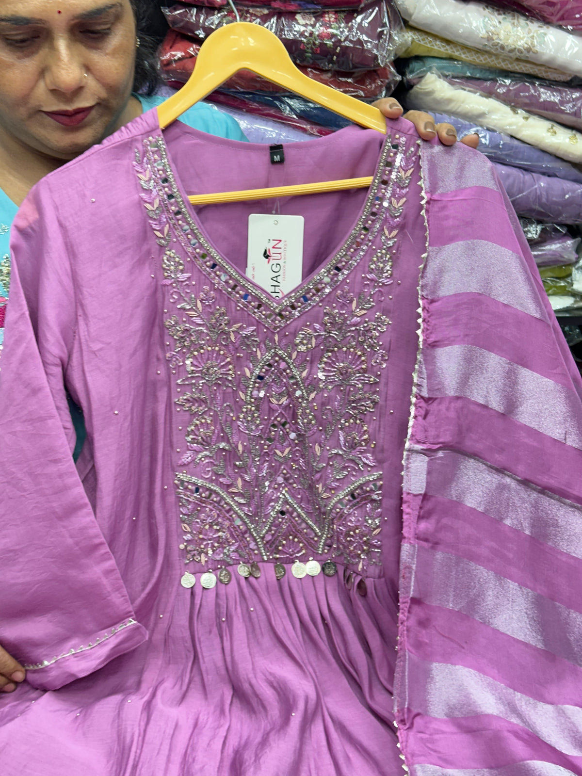 Handcrafted Mul Chanderi A-Line Kurta Set with Front Pleats, Pocket Handwork & Dupatta