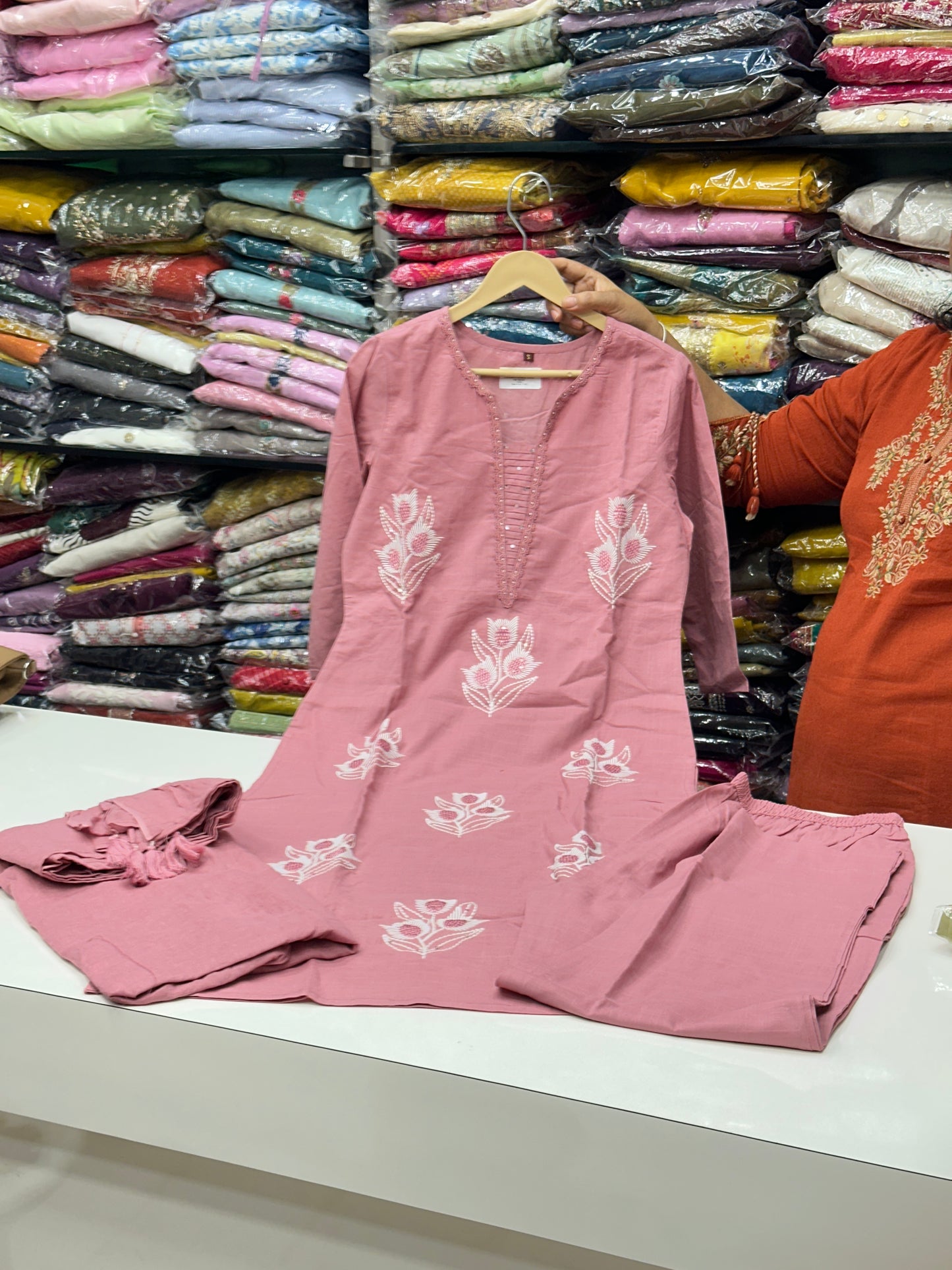 3 piece pure cotton kurta set classy and rich comfortable with thread work detailing all over the kurta RR1468