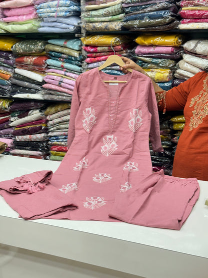 3 piece pure cotton kurta set classy and rich comfortable with thread work detailing all over the kurta RR1468