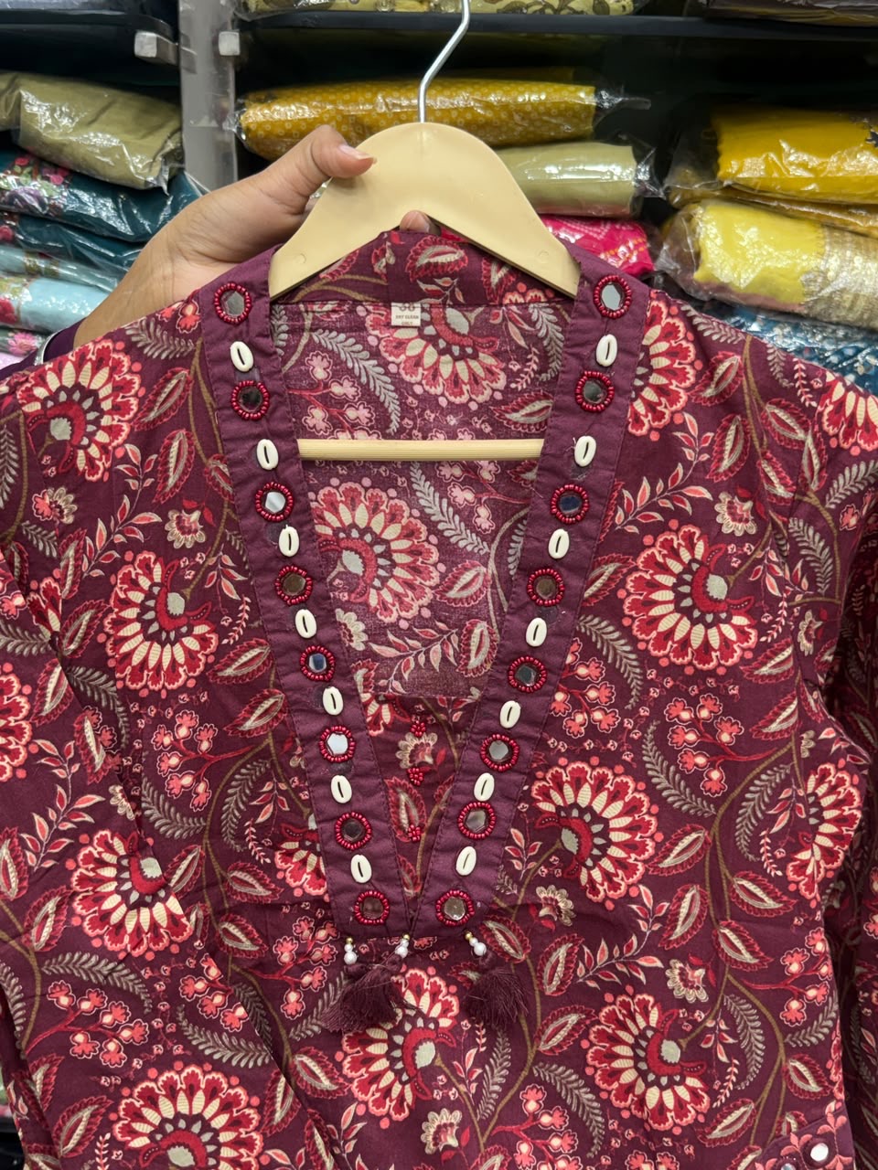 3 piece pure cotton kurta set with pocket , hand work detailing all over pocket and designer neck with floral block print