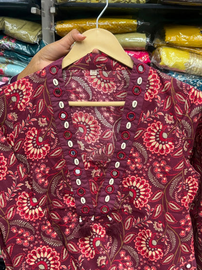 3 piece pure cotton kurta set with pocket , hand work detailing all over pocket and designer neck with floral block print