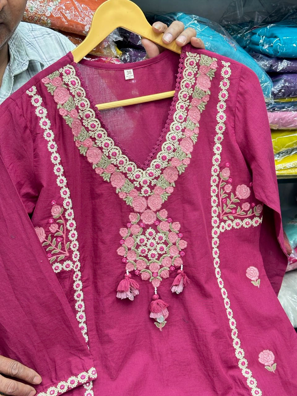 Women's Rani Pink and mustard  Pure Cotton 3-Piece Kurta Set with All-Over Thread Work (Kurta, Pant & Dupatta)