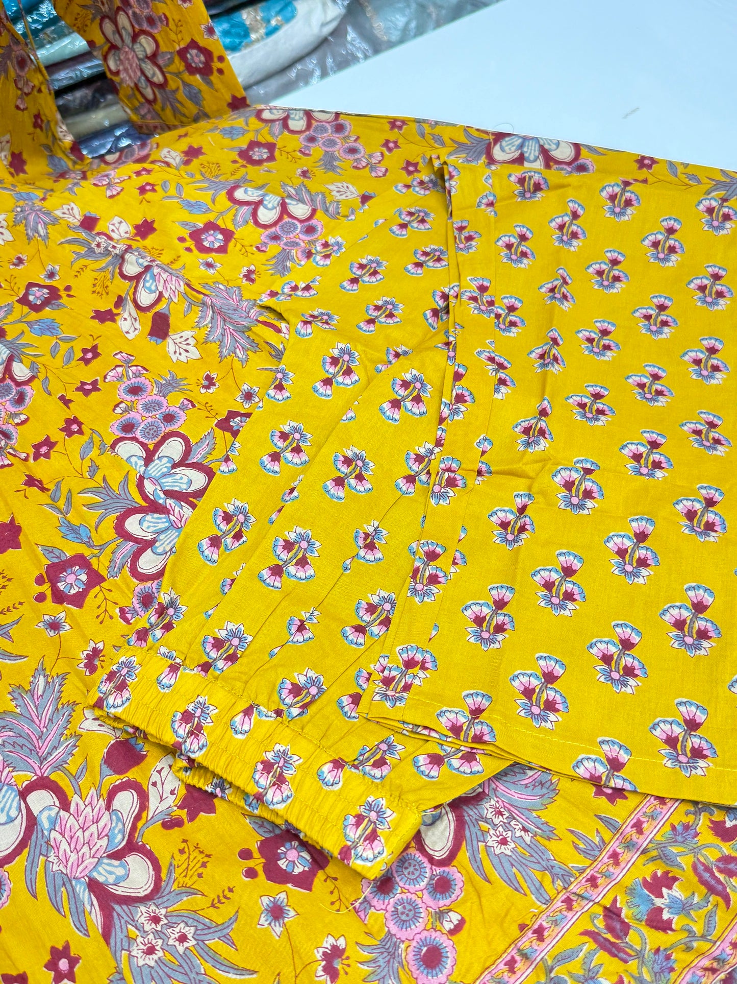 Pure Cotton Mustard Yellow Jaipuri Floral Printed Angrakha Anarkali Kurta Set with Pants & Dupatta (3-Piece)